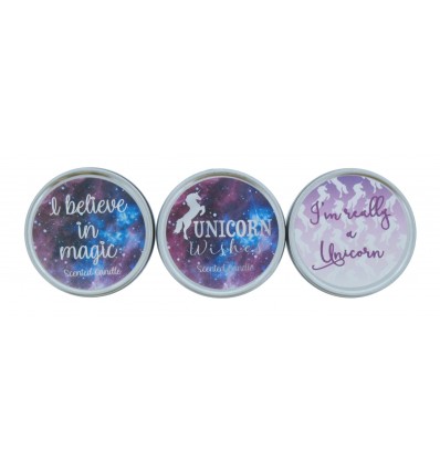 UNICORN pack 3 velas 125 g con aromas Granada, Gardenia y Fresa