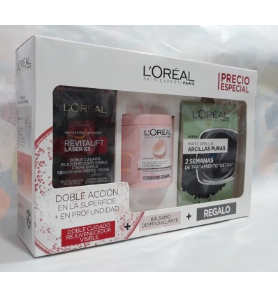 LOREAL DOBLE CUIDADO LASER X3 48ml + BALSAMO DESMAQUILLANTE + MASCARILLA ARCILLAS