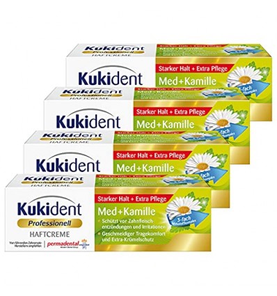 PACK AHORRO KUKIDENT CREMA ADHESIVA PARA DENTADURAS POSTIZAS CON MANZANILLA PACK 4 UNIDADES