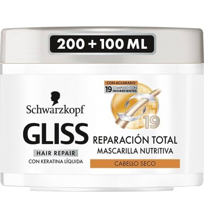 GLISS REPARACIÓN TOTAL MASCARILLA NUTRITIVA CABELLO SECO 200 + 100 ml