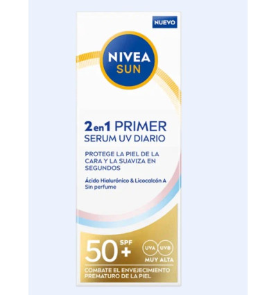 NIVEA SUN 2 EN 1 PRIMER SERUM DIARIO SPF 50 ÁCIDO HIALURÓNICO & LICOCALCÓN A 30 ml