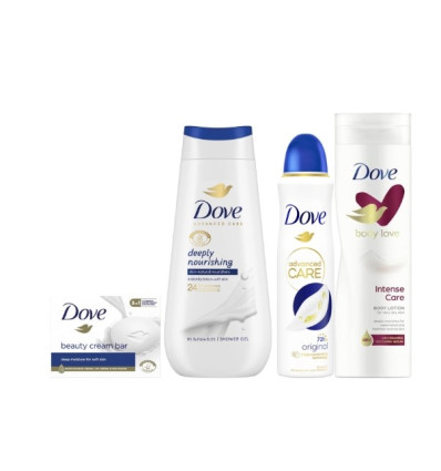DOVE SET JABÓN 90 g+ GEL DE DUCHA 225 ml + LOCIÓN CORPORAL 250 ml + DEO SPRAY 150 ml