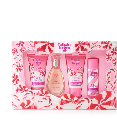 TULIPÁN NEGRO KISS FRESA Y NATA EDT 50 ml SPRAY + GEL 75 ml + BODY LOTION 75 ml + DEO SPRAY 50 ml