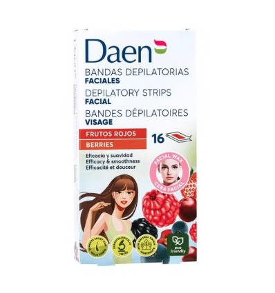 DAEN BANDAS DEPILATORIAS FACIALES FRUTOS ROJOS 16 unidades