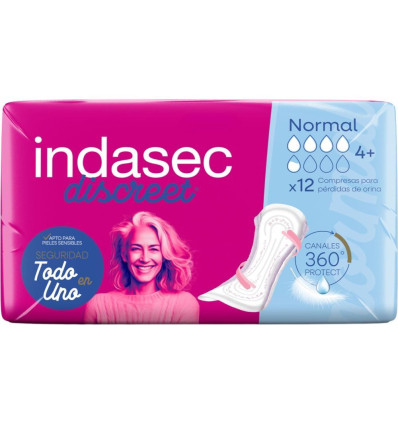 INDASEC DISCREET NORMAL 12 unidades COMPRESAS PARA PÉRDIDAS DE ORINA