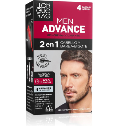 LLONGUERAS MEN ADVANCE GEL-CREMA COLORANTE CABELLO BARBA - BIGOTE TONO 4 CASTAÑO NATURAL