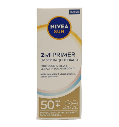 NIVEA SUN 2 EN 1 PRIMER SERUM DIARIO SPF 50 ÁCIDO HIALURÓNICO & LICOCALCÓN A 30 ml