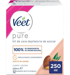 VEET PURE KIT DE CERA DEPILATORIA DE AZÚCAR CUERPO Y ROSTRO 250 ml + 12 BANDAS REUTILIZABLES