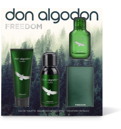 DON ALGODON FREEDOM HOMBRE EDT 30 ml SPRAY + GEL 75 ml + DEO SPRAY 100 ml + TARJETERO METÁLICO
