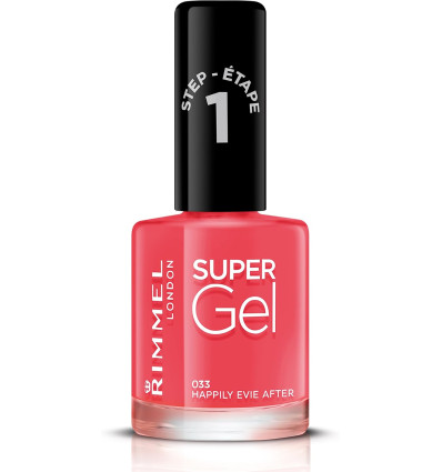 RIMMEL SUPER GEL PACK ESMALTES PASO 1 HAPPILY EVIE AFTER 033 + PASO 2 TOP COAT SIN LÁMPARA 2 X 12 ml